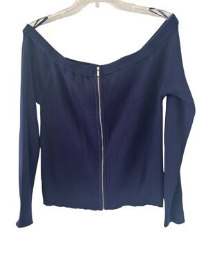 New York & Company Navy Ribbed Knit Top with Tag